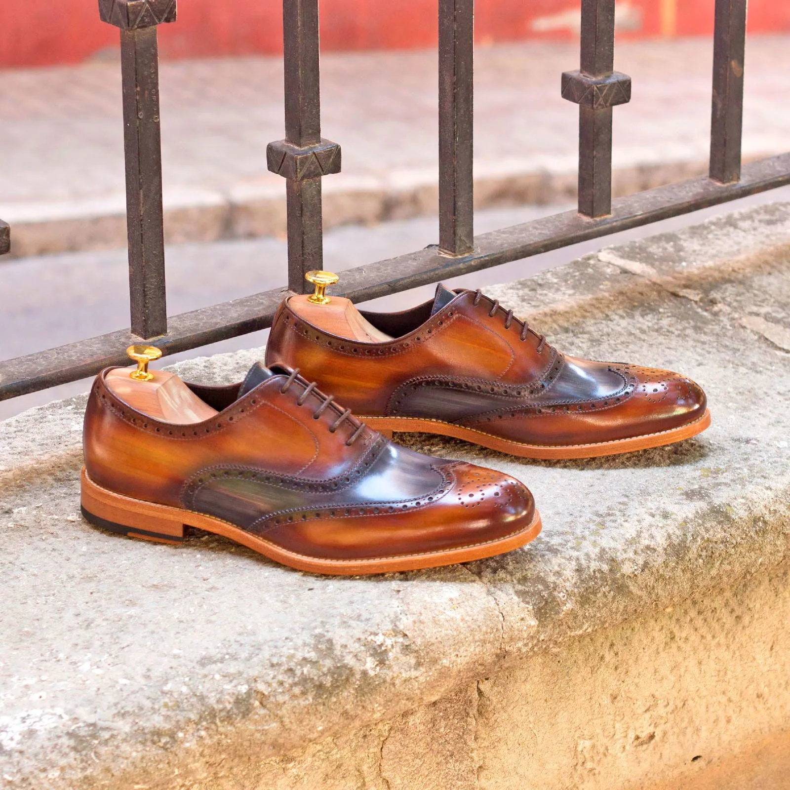 Men's Full Brogue Shoes Patina Leather Wide Plus Size Grey Brown 2867