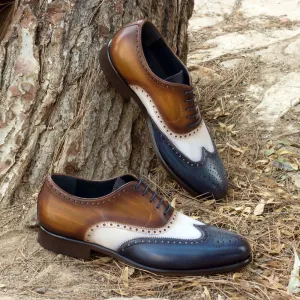 Men's Full Brogue Shoes Patina Leather Wide Plus Size White Blue 2346