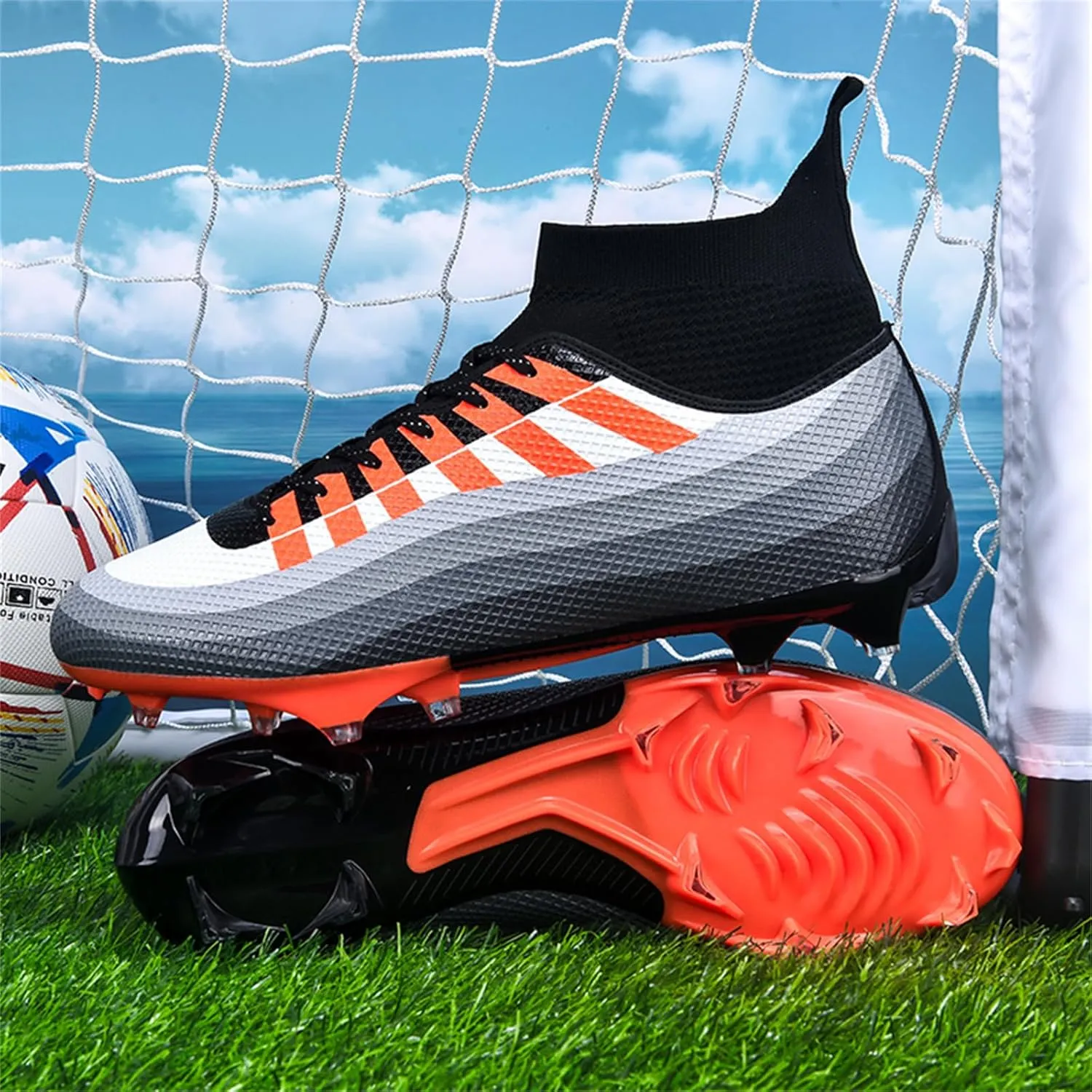 Mens High-Top Lace Up Soccer Cleats Outdoor Lightweight Training Ground Athletic Football Boots Rugby Running Lacrosse Sports Shoes