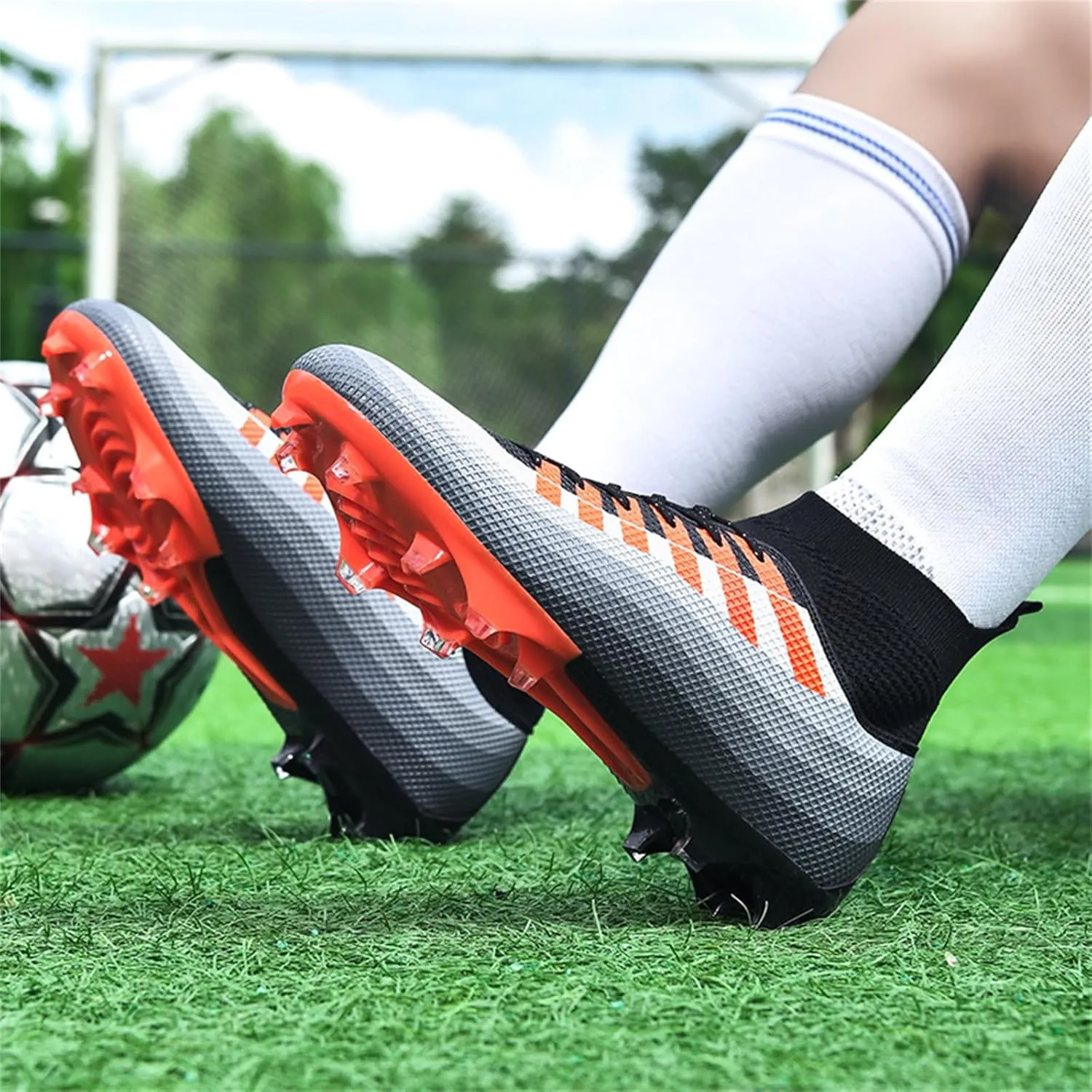 Mens High-Top Lace Up Soccer Cleats Outdoor Lightweight Training Ground Athletic Football Boots Rugby Running Lacrosse Sports Shoes