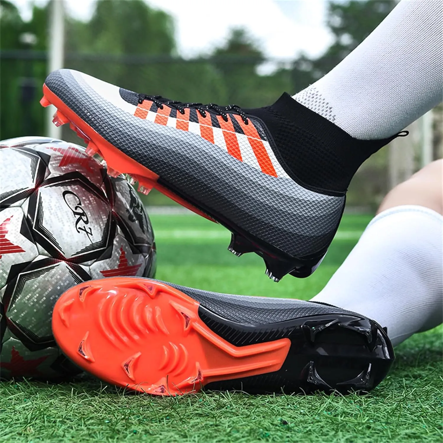 Mens High-Top Lace Up Soccer Cleats Outdoor Lightweight Training Ground Athletic Football Boots Rugby Running Lacrosse Sports Shoes