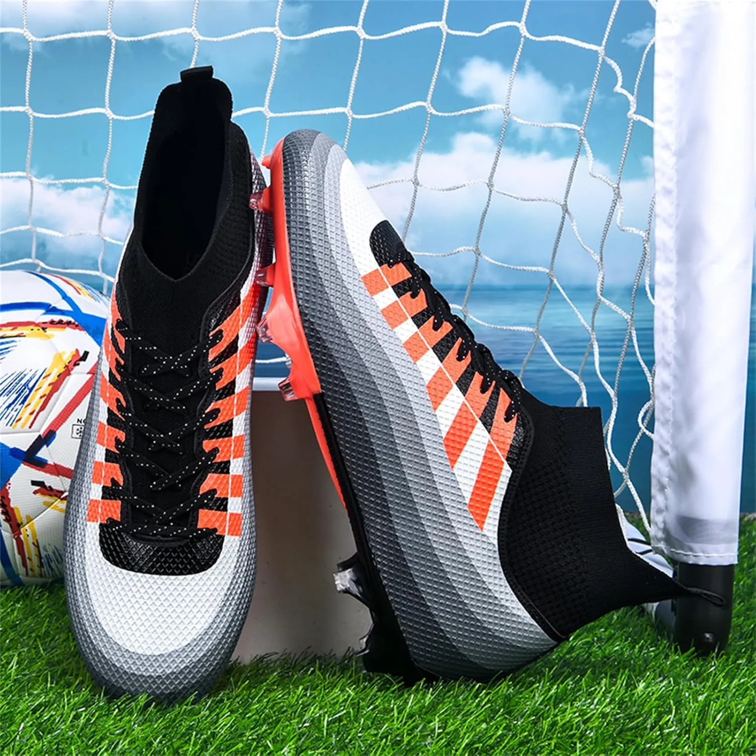 Mens High-Top Lace Up Soccer Cleats Outdoor Lightweight Training Ground Athletic Football Boots Rugby Running Lacrosse Sports Shoes