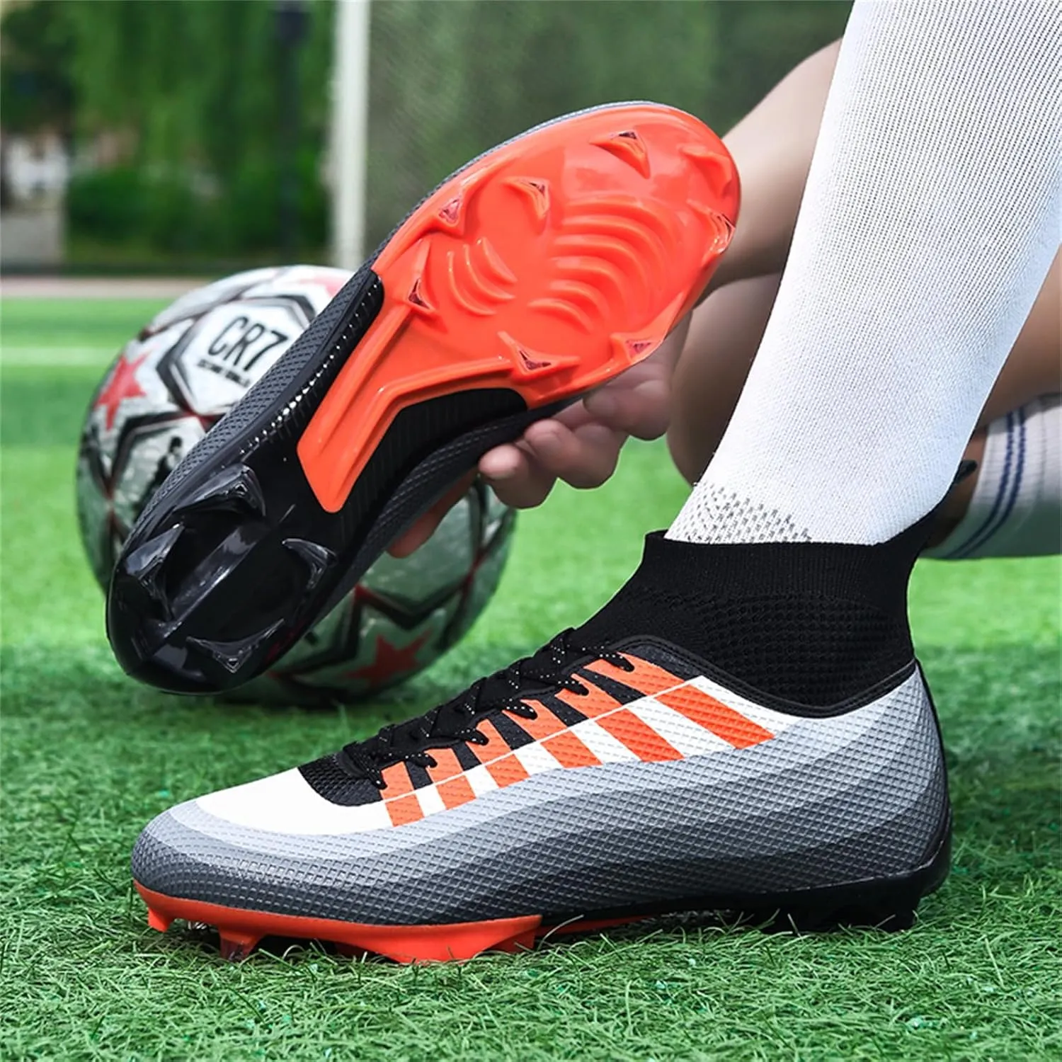 Mens High-Top Lace Up Soccer Cleats Outdoor Lightweight Training Ground Athletic Football Boots Rugby Running Lacrosse Sports Shoes
