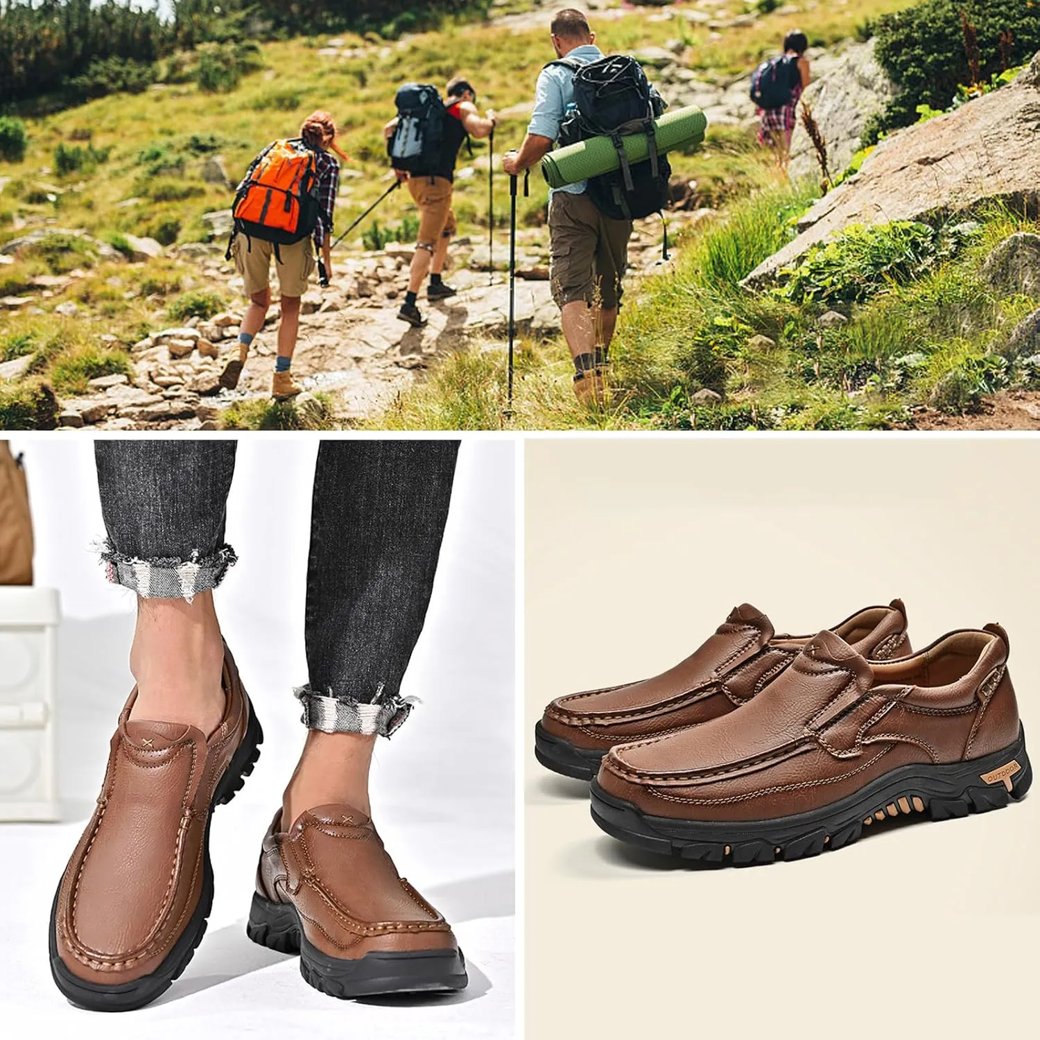 Men's Leather Hiking Shoes, Slip on Shoes for Men Work Loafers, Lightweight Breathable Casual Sneaker, Non-Slip Walking Shoes, Easy Wear on/Off