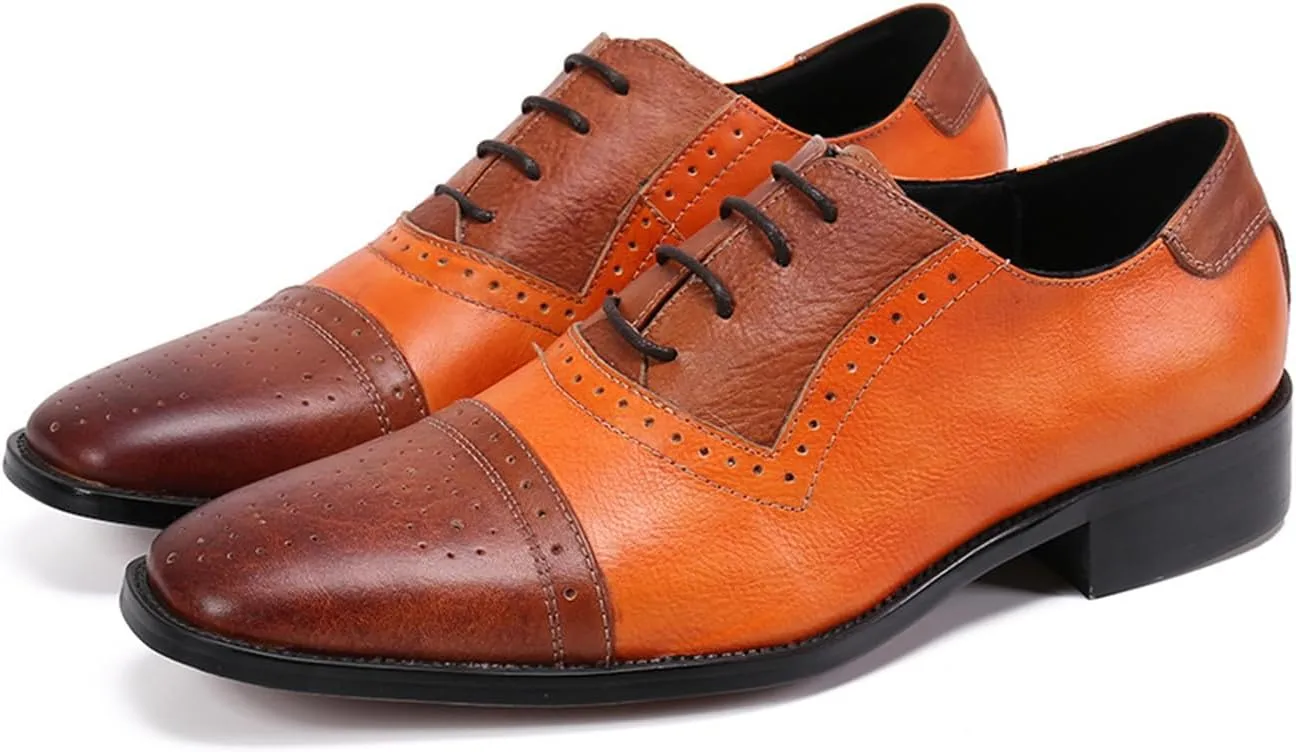 Men's Leather Shoes, Lace-Up Oxford Shoes Genuine Leather Large Size Stitch Low Top Pointed Toe Breathable Comfortable Wedding Dress Shoes
