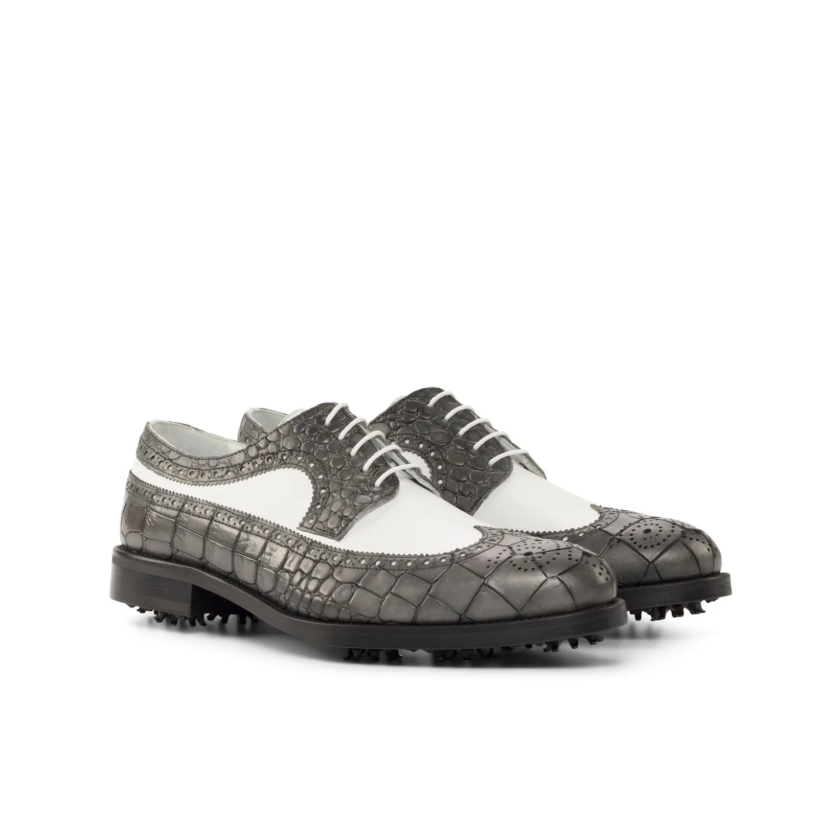Men's Longwing Blucher Golf Leather Shoes Wide Plus Size White Grey 4751