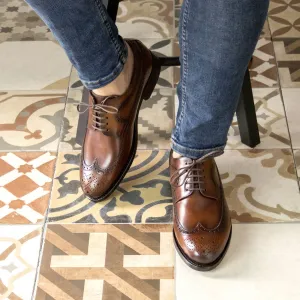 Men's Longwing Blucher Leather Shoes Goodyear Welt Wide Plus Size Brown 5409