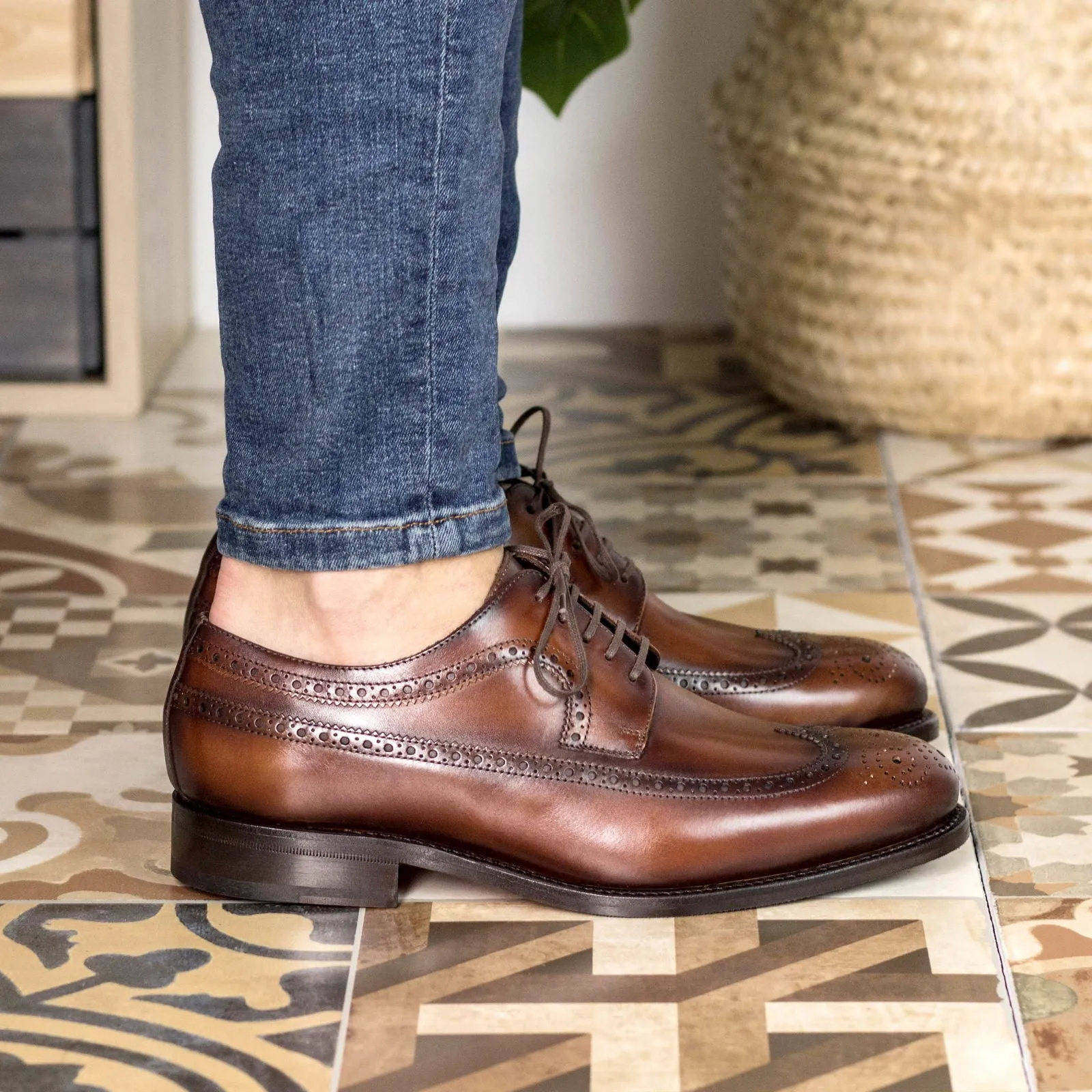 Men's Longwing Blucher Leather Shoes Goodyear Welt Wide Plus Size Brown 5409