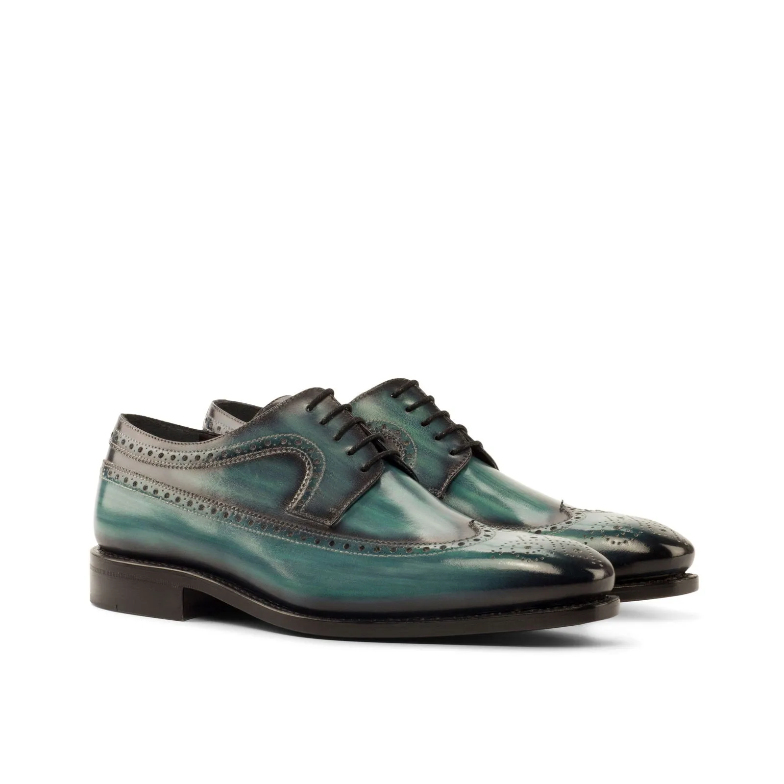 Men's Longwing Blucher Shoes Patina Leather Goodyear Welt Wide Plus Size Blue 3813
