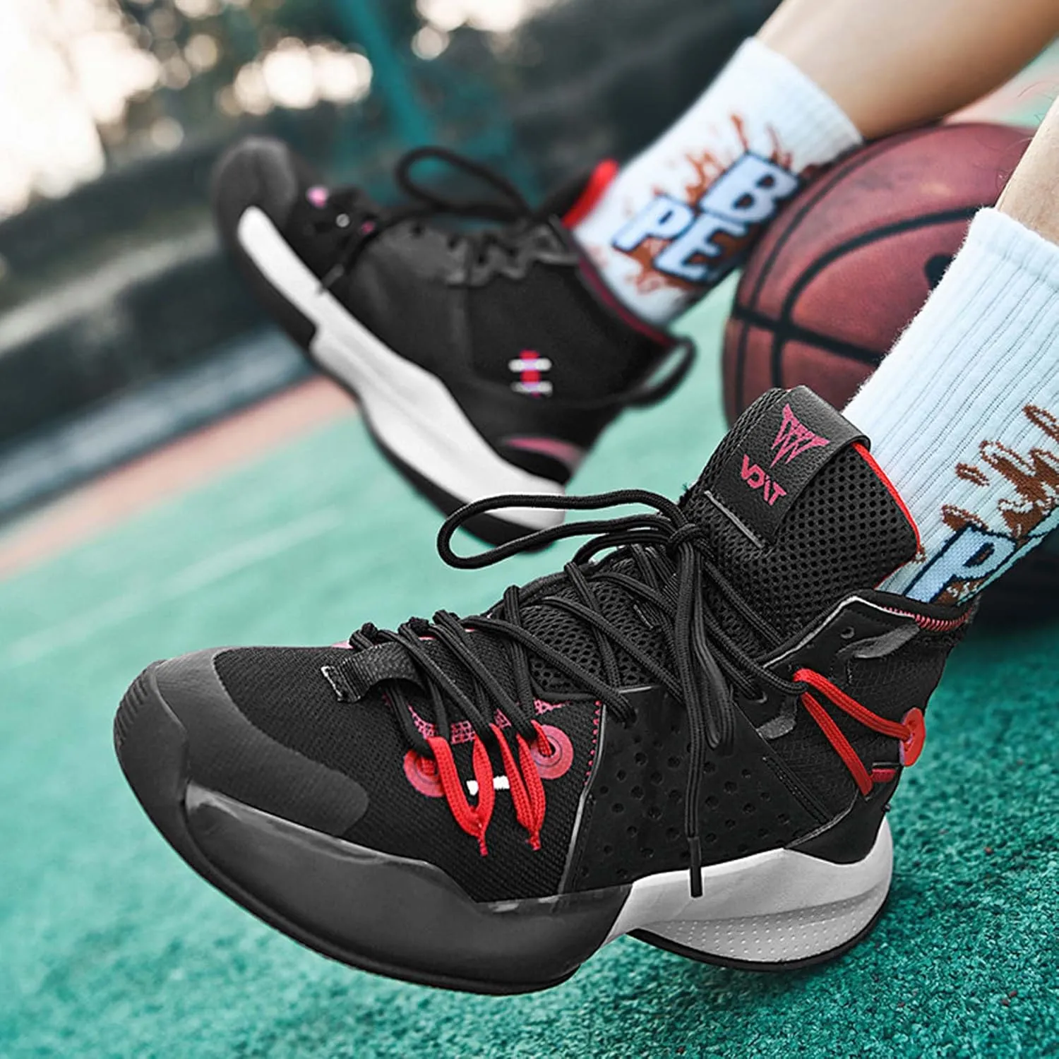 Mens Mesh Fabric Breathable High Top Lace Up Basketball Shoes Rubber Sole High Elasticity Running Shoes Anti Slip and Wear Resistant Mountaineering Shoes Badminton Sports Shoes Tennis Shot Put Shoes