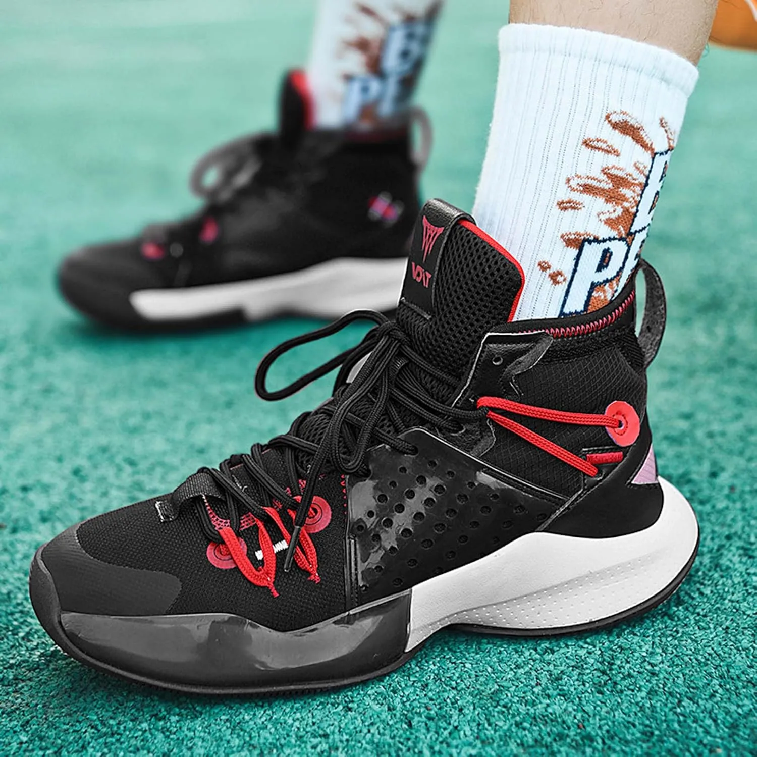 Mens Mesh Fabric Breathable High Top Lace Up Basketball Shoes Rubber Sole High Elasticity Running Shoes Anti Slip and Wear Resistant Mountaineering Shoes Badminton Sports Shoes Tennis Shot Put Shoes