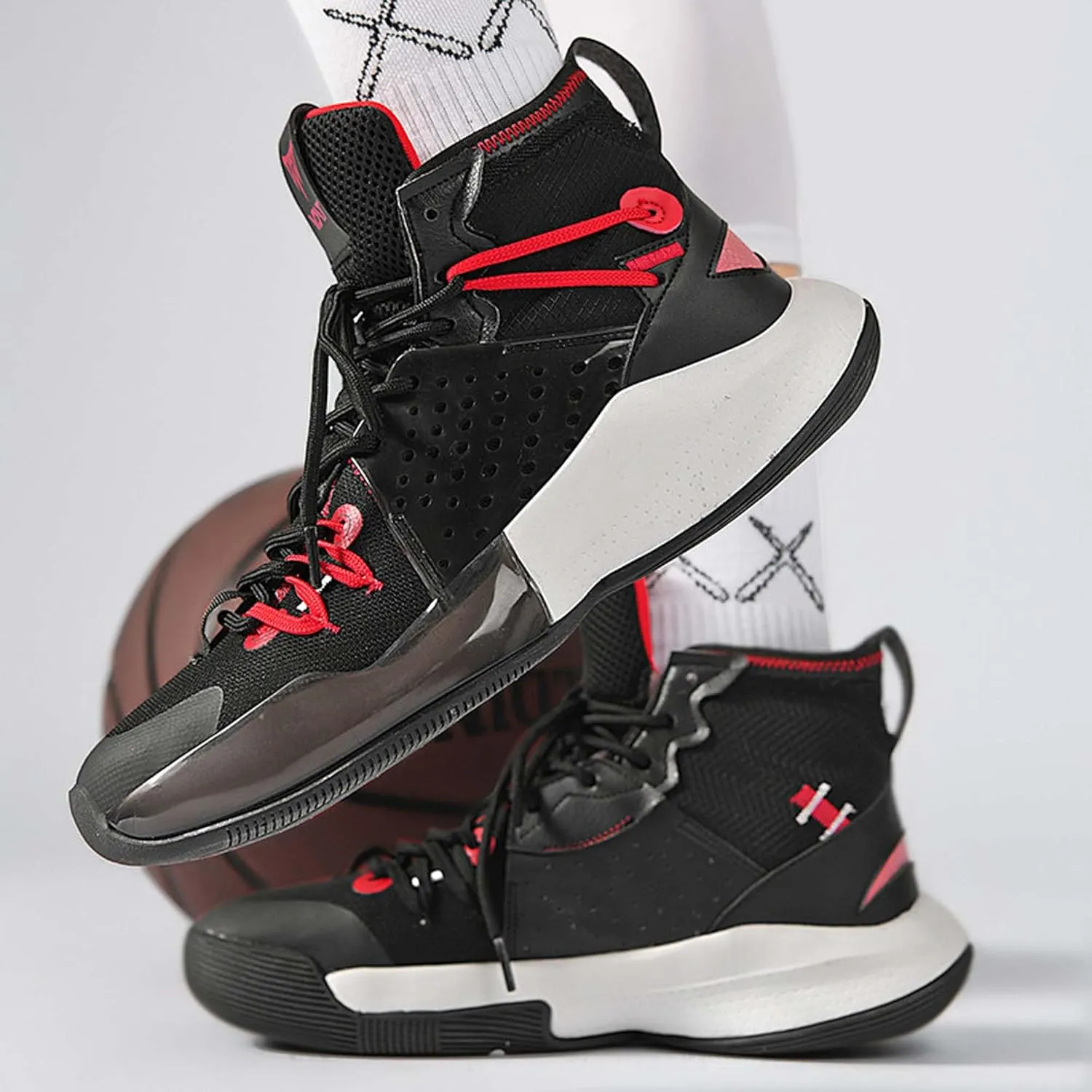 Mens Mesh Fabric Breathable High Top Lace Up Basketball Shoes Rubber Sole High Elasticity Running Shoes Anti Slip and Wear Resistant Mountaineering Shoes Badminton Sports Shoes Tennis Shot Put Shoes