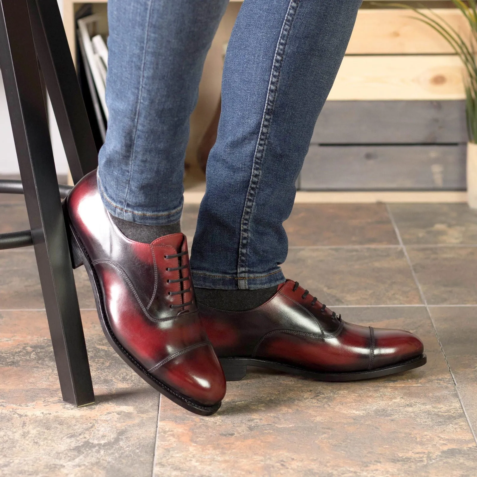 Men's Oxford Shoes Patina Leather Goodyear Welt Wide Plus Size Burgundy 5527