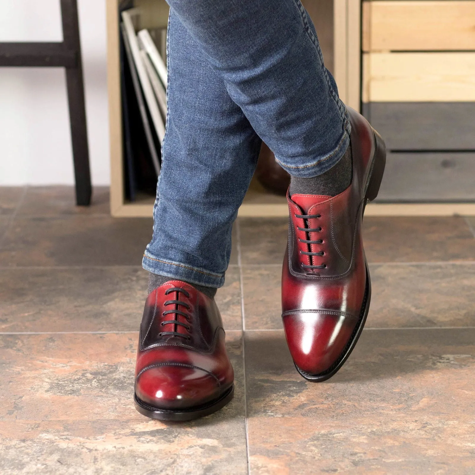 Men's Oxford Shoes Patina Leather Goodyear Welt Wide Plus Size Burgundy 5527