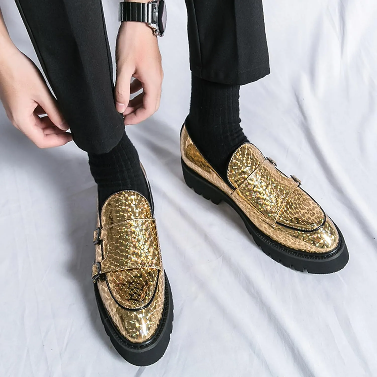 Men's Patent Leather Platform Slip On Loafers Fashion Classic Lug Sole Dress Business Casual Walking Shoes Comfort Penny Loafers for Men