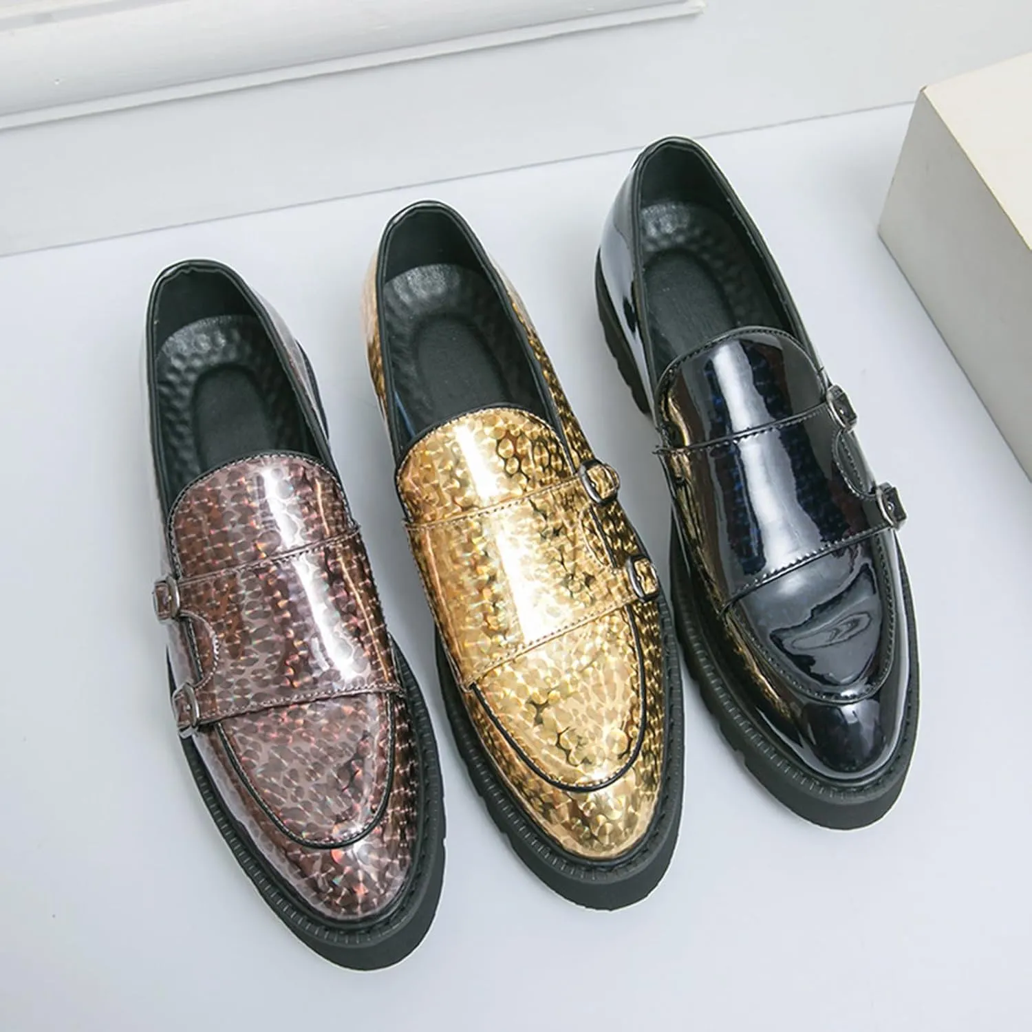 Men's Patent Leather Platform Slip On Loafers Fashion Classic Lug Sole Dress Business Casual Walking Shoes Comfort Penny Loafers for Men