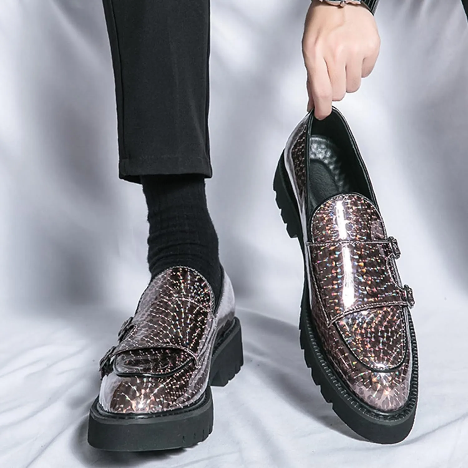 Men's Patent Leather Platform Slip On Loafers Fashion Classic Lug Sole Dress Business Casual Walking Shoes Comfort Penny Loafers for Men