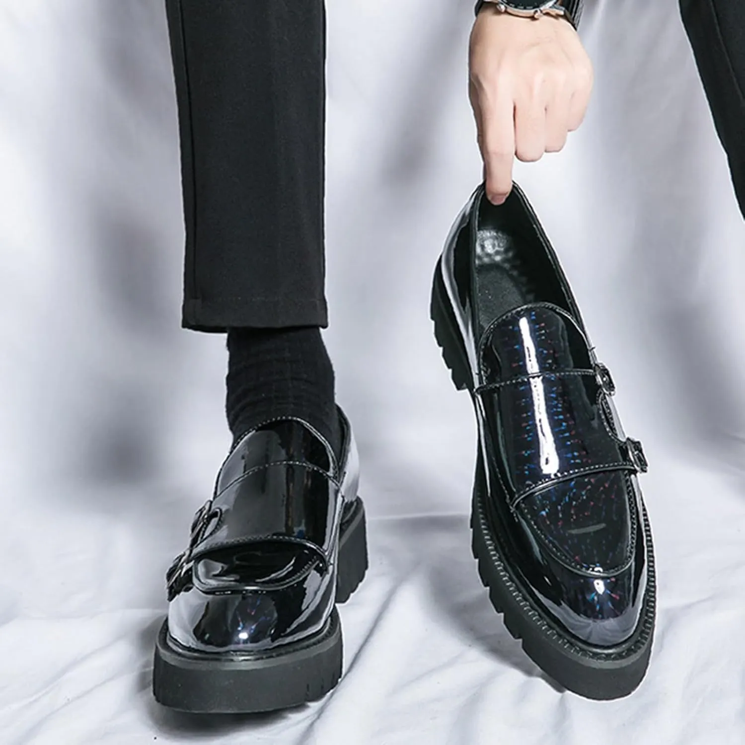 Men's Patent Leather Platform Slip On Loafers Fashion Classic Lug Sole Dress Business Casual Walking Shoes Comfort Penny Loafers for Men