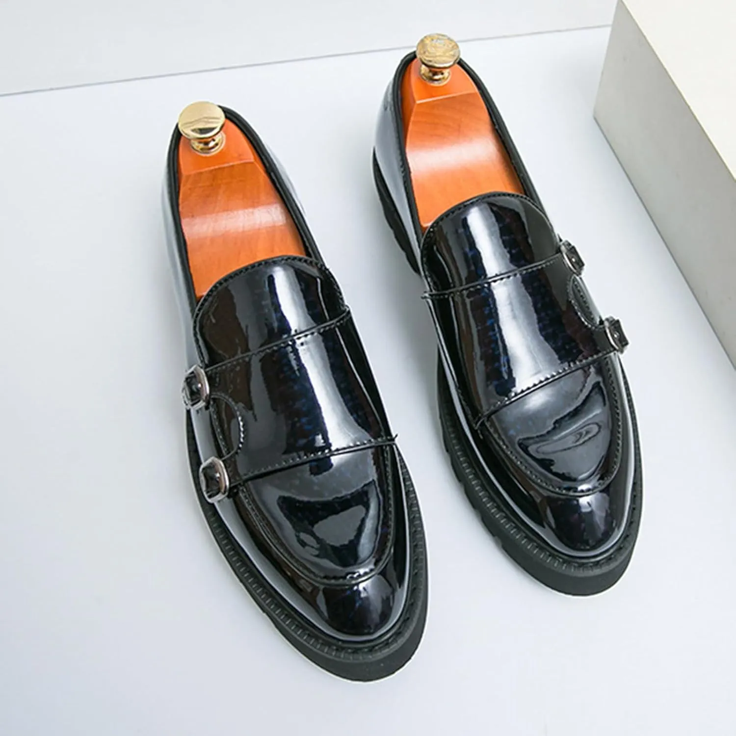 Men's Patent Leather Platform Slip On Loafers Fashion Classic Lug Sole Dress Business Casual Walking Shoes Comfort Penny Loafers for Men