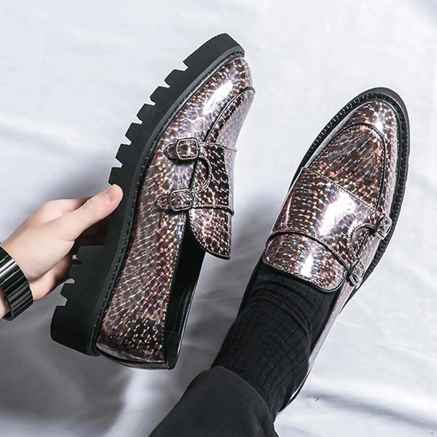 Men's Patent Leather Platform Slip On Loafers Fashion Classic Lug Sole Dress Business Casual Walking Shoes Comfort Penny Loafers for Men