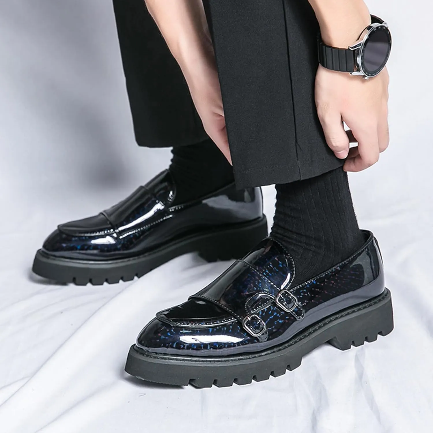 Men's Patent Leather Platform Slip On Loafers Fashion Classic Lug Sole Dress Business Casual Walking Shoes Comfort Penny Loafers for Men