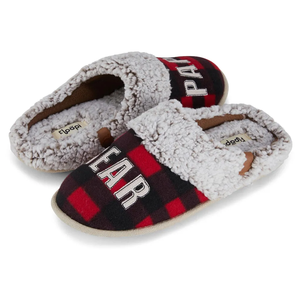 Mens "Papa Bear" Buffalo Plaid Two-Tone Faux Fur Clog Slipper