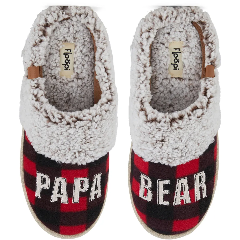 Mens "Papa Bear" Buffalo Plaid Two-Tone Faux Fur Clog Slipper