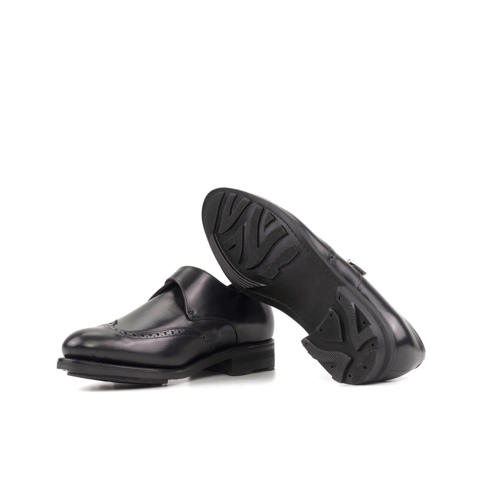Men's Single Monk Leather Shoes Goodyear Welt Wide Plus Size Black 5746