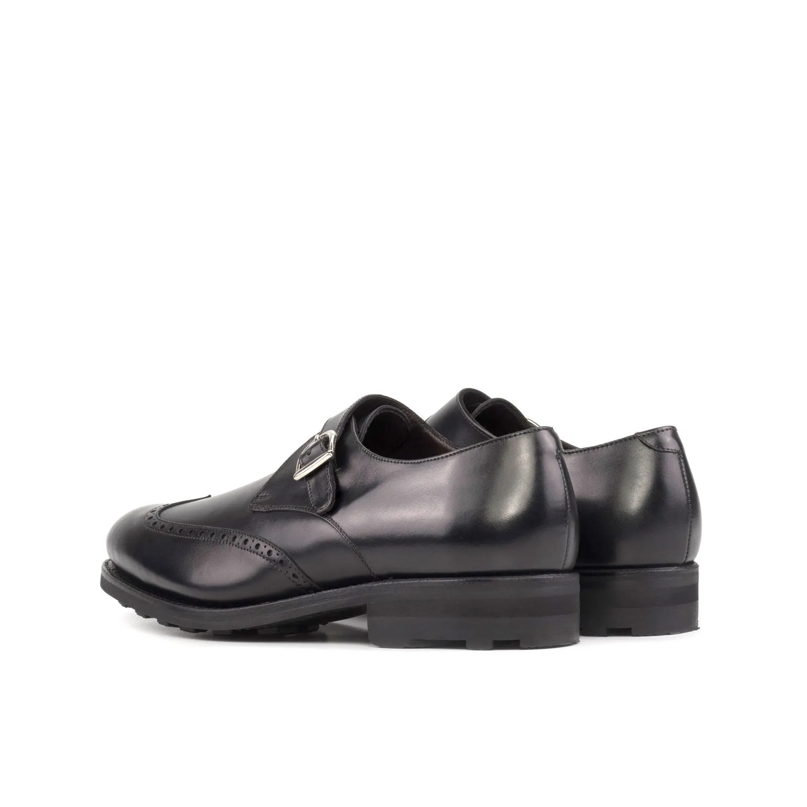 Men's Single Monk Leather Shoes Goodyear Welt Wide Plus Size Black 5746