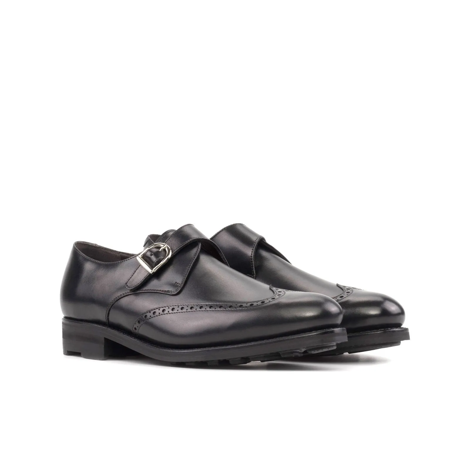 Men's Single Monk Leather Shoes Goodyear Welt Wide Plus Size Black 5746