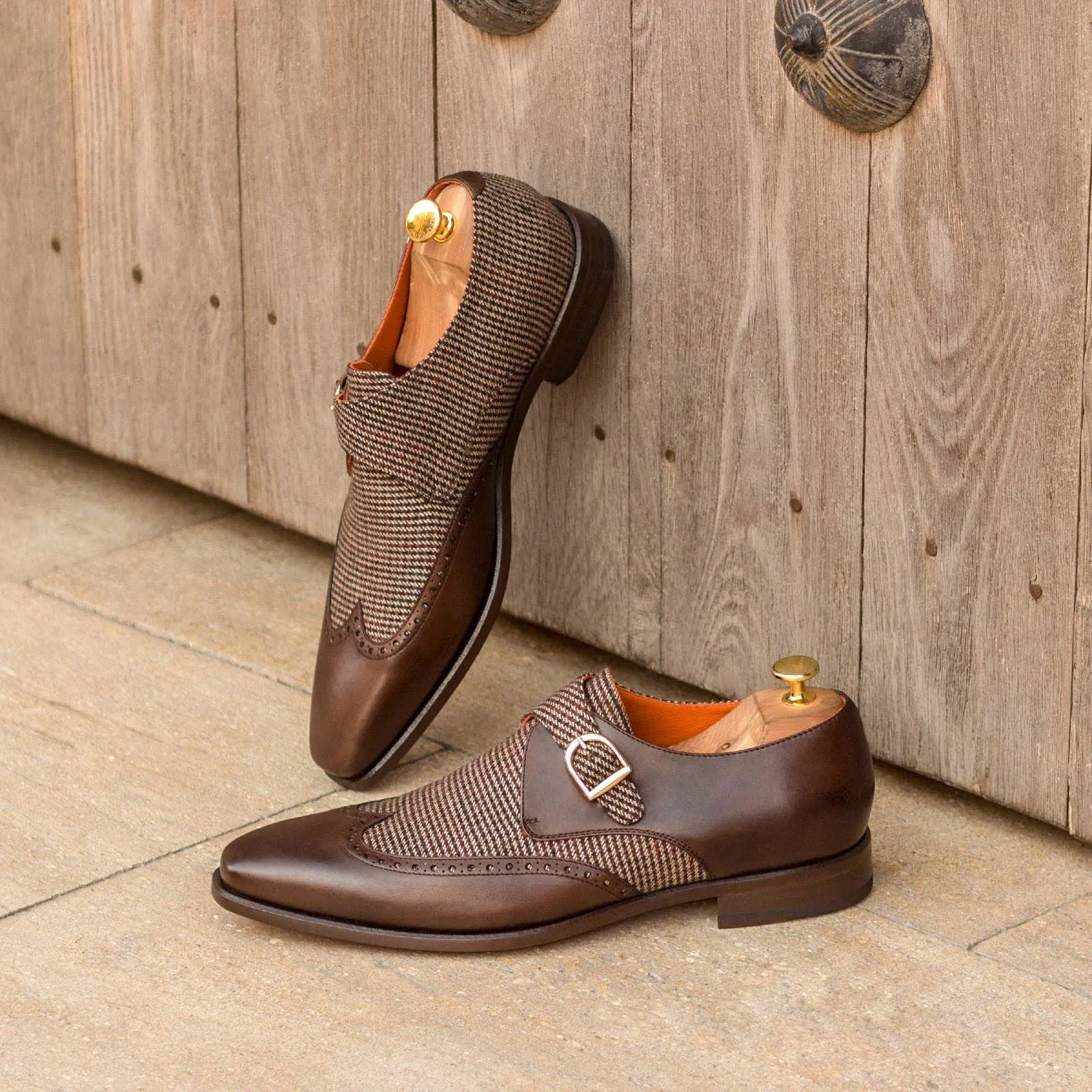 Men's Single Monk Leather Shoes Wide Plus Size Brown Dark Brown 3008