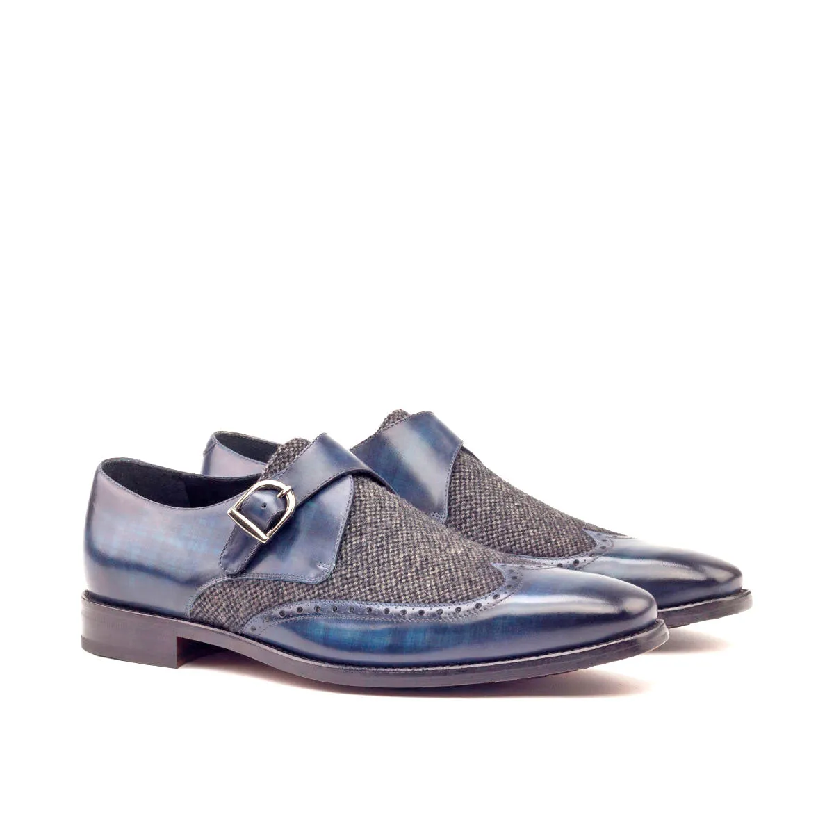 Men's Single Monk Shoes Patina Leather Wide Plus Size Grey Blue 2769