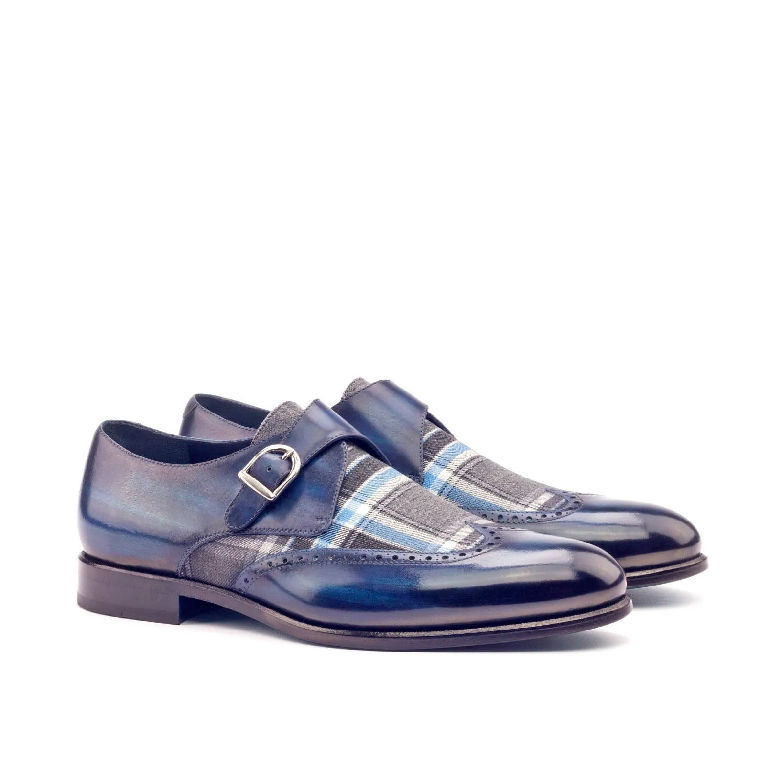 Men's Single Monk Shoes Patina Leather Wide Plus Size Grey Blue 3006