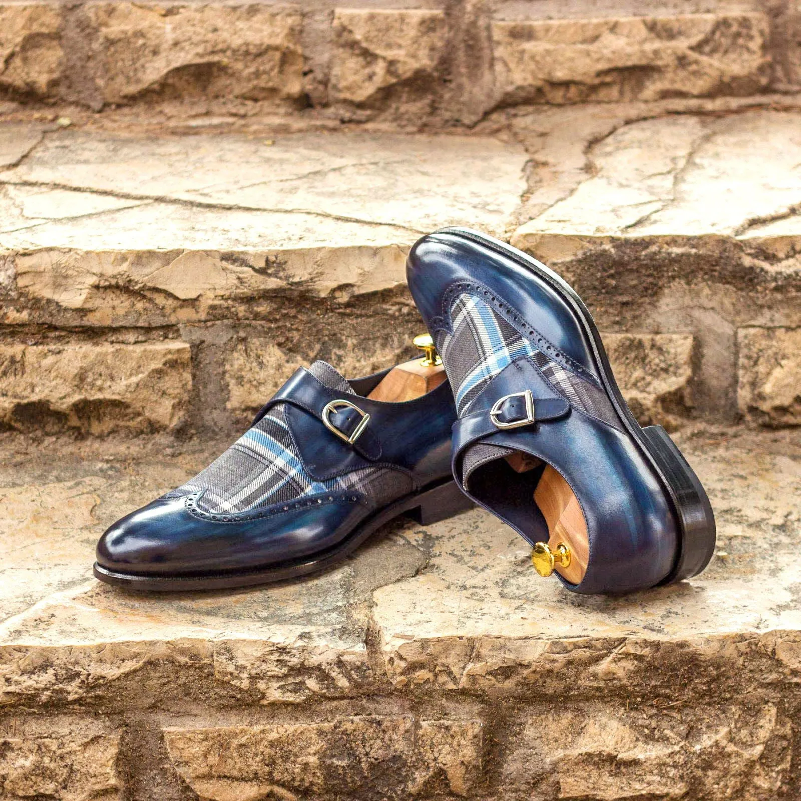 Men's Single Monk Shoes Patina Leather Wide Plus Size Grey Blue 3006