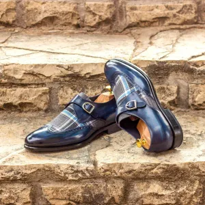 Men's Single Monk Shoes Patina Leather Wide Plus Size Grey Blue 3006