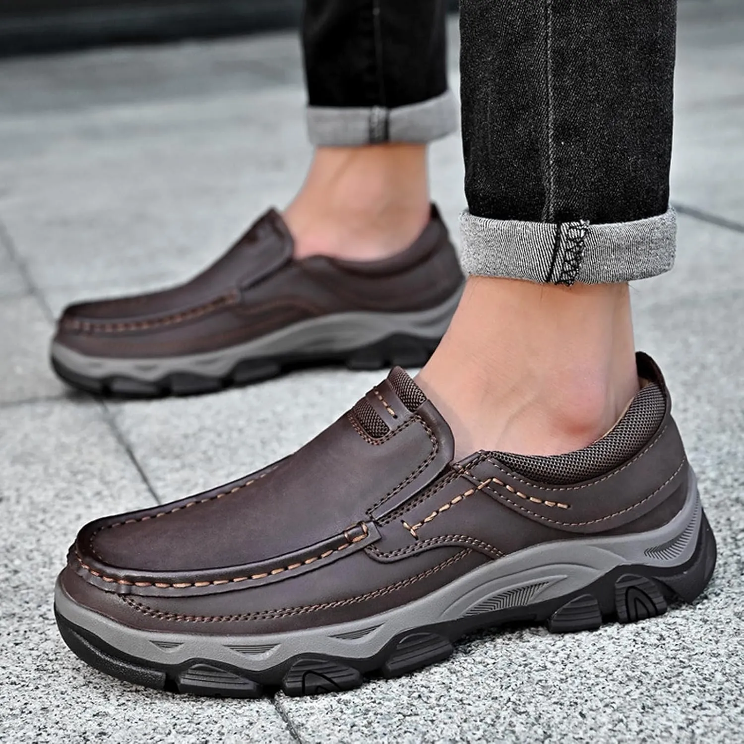 Men's Suede Casual Hiking Loafers,Hand Stitching Comfort Anti Slip Slip on Business Dress Shoes Fashion Outdoor Walking Boat Shoes