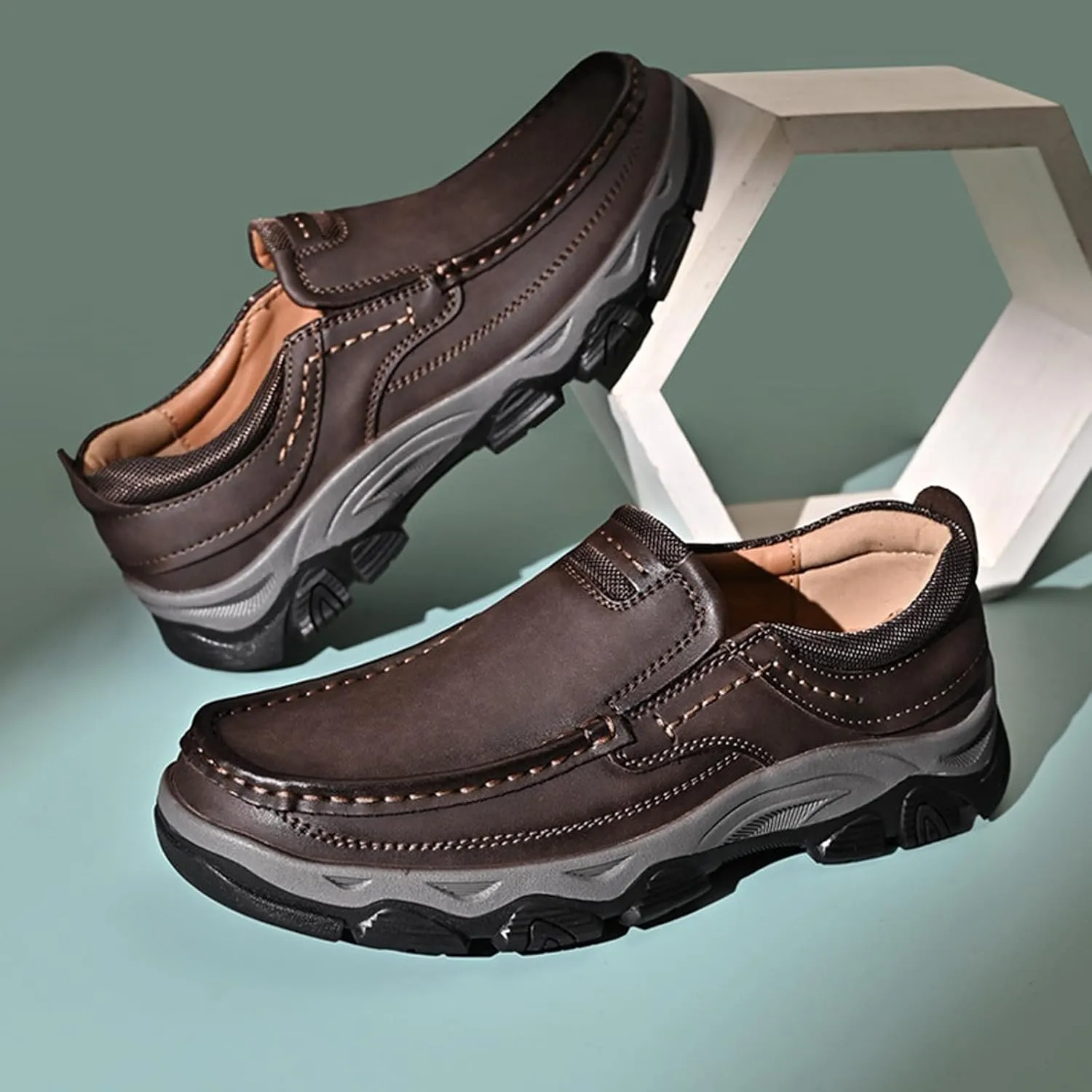 Men's Suede Casual Hiking Loafers,Hand Stitching Comfort Anti Slip Slip on Business Dress Shoes Fashion Outdoor Walking Boat Shoes