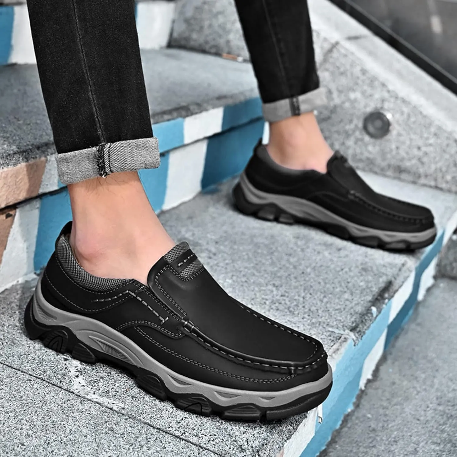 Men's Suede Casual Hiking Loafers,Hand Stitching Comfort Anti Slip Slip on Business Dress Shoes Fashion Outdoor Walking Boat Shoes