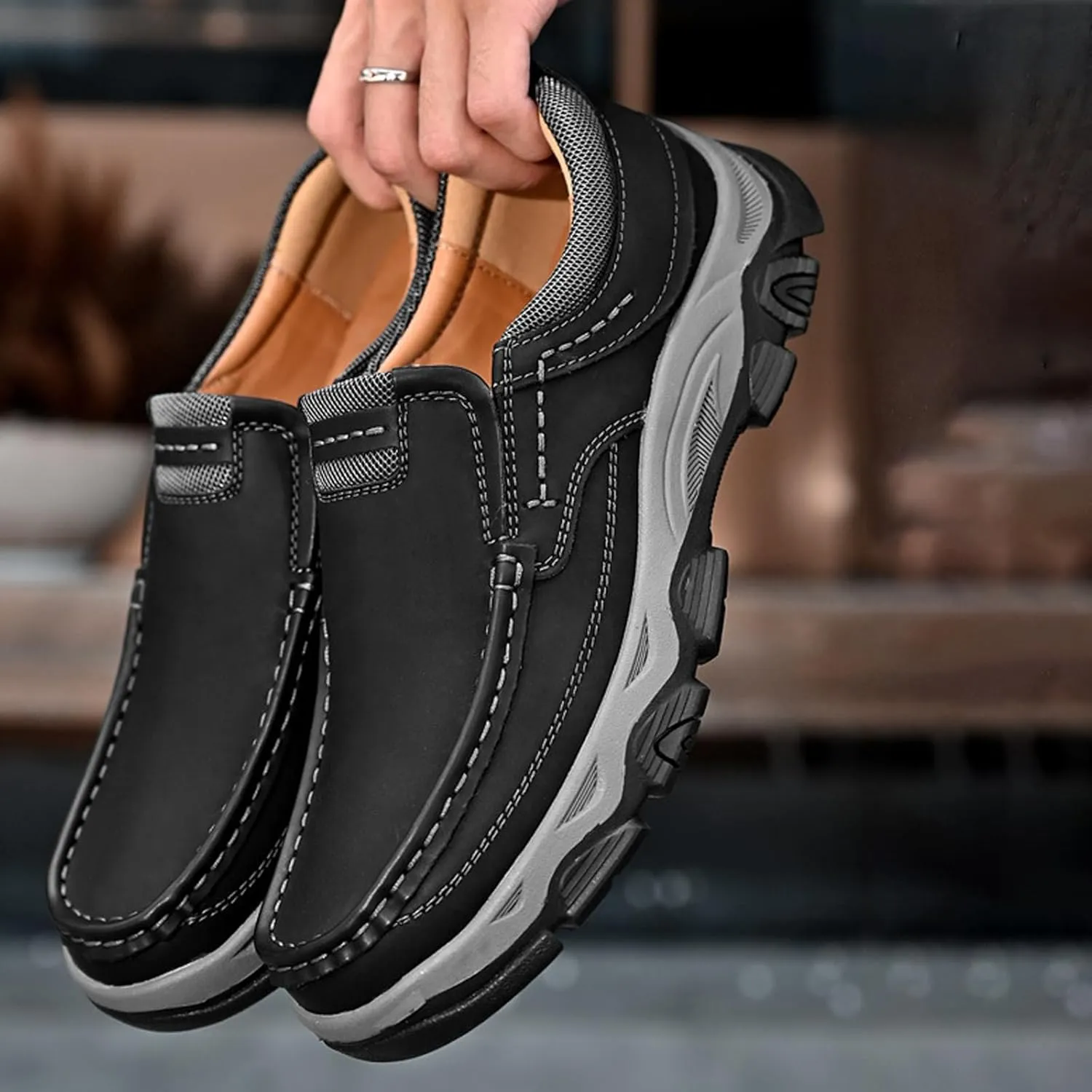 Men's Suede Casual Hiking Loafers,Hand Stitching Comfort Anti Slip Slip on Business Dress Shoes Fashion Outdoor Walking Boat Shoes