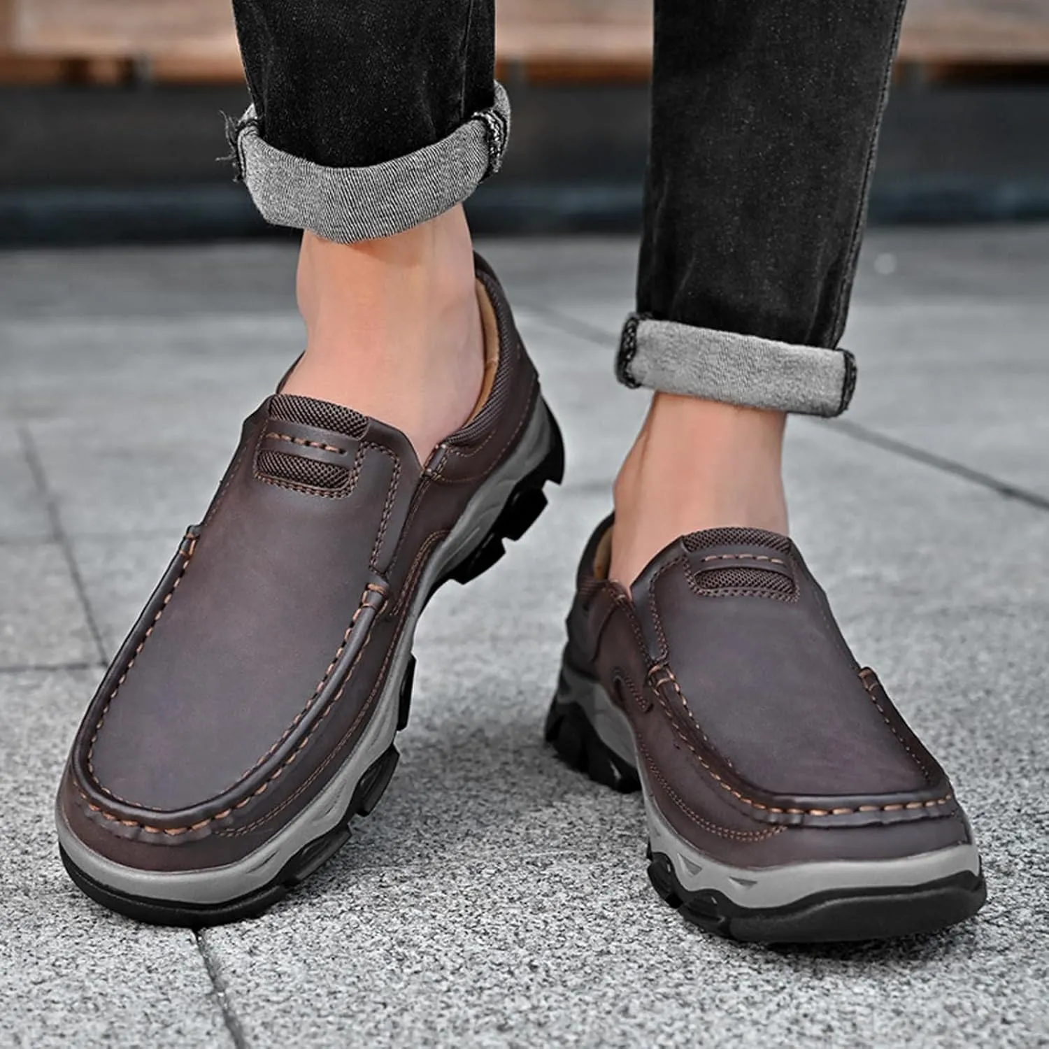 Men's Suede Casual Hiking Loafers,Hand Stitching Comfort Anti Slip Slip on Business Dress Shoes Fashion Outdoor Walking Boat Shoes