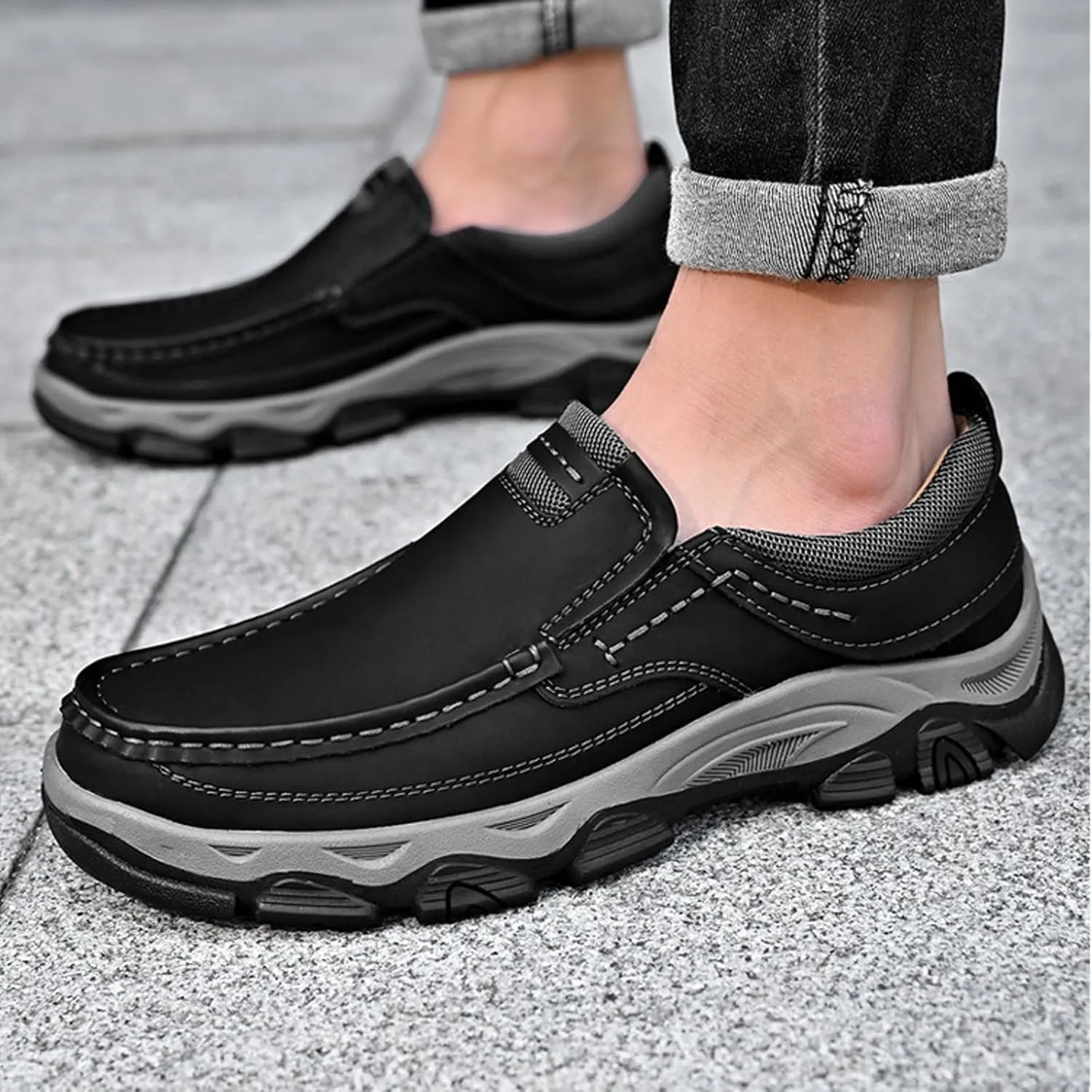 Men's Suede Casual Hiking Loafers,Hand Stitching Comfort Anti Slip Slip on Business Dress Shoes Fashion Outdoor Walking Boat Shoes