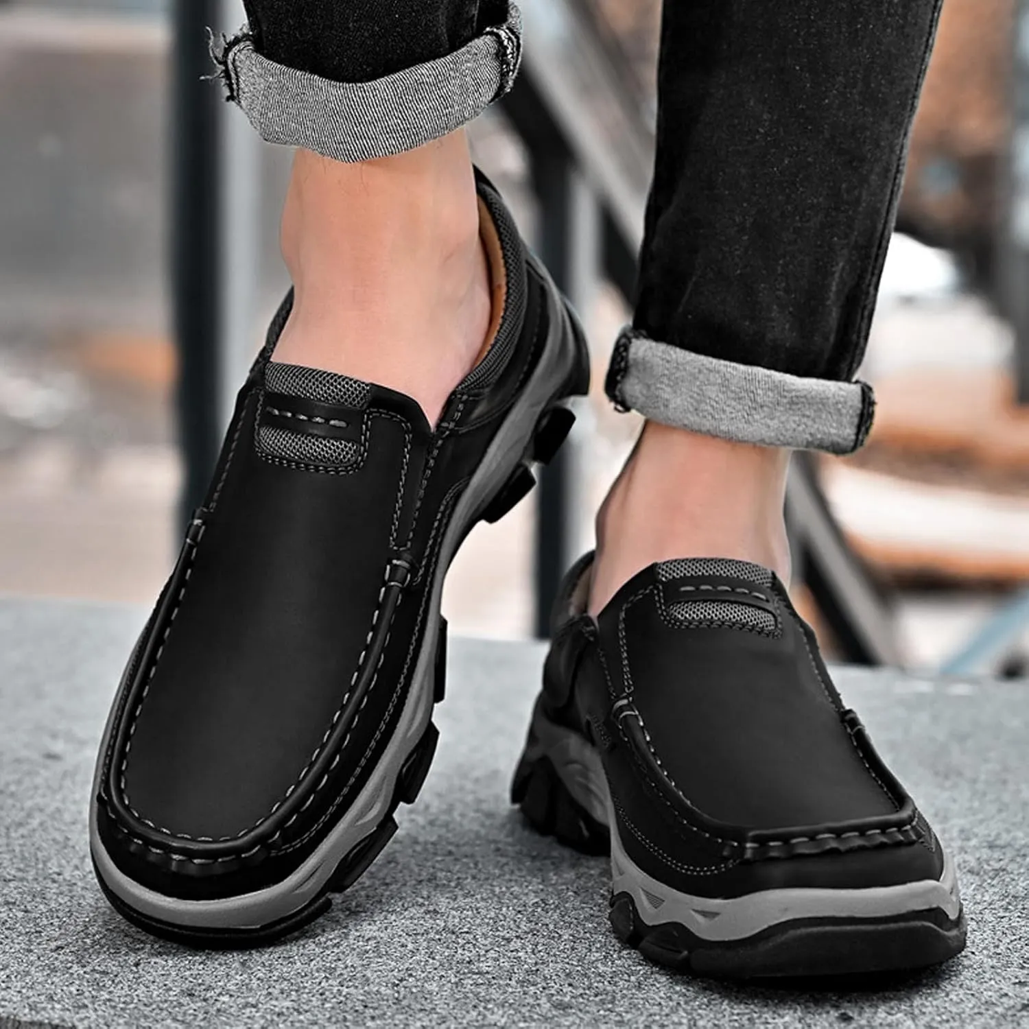 Men's Suede Casual Hiking Loafers,Hand Stitching Comfort Anti Slip Slip on Business Dress Shoes Fashion Outdoor Walking Boat Shoes