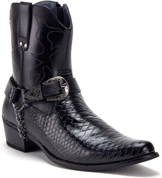Men's Western Ankle High Cowboy Riding Dress Boots, Snake Print w/Belt
