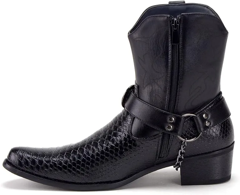 Men's Western Ankle High Cowboy Riding Dress Boots, Snake Print w/Belt