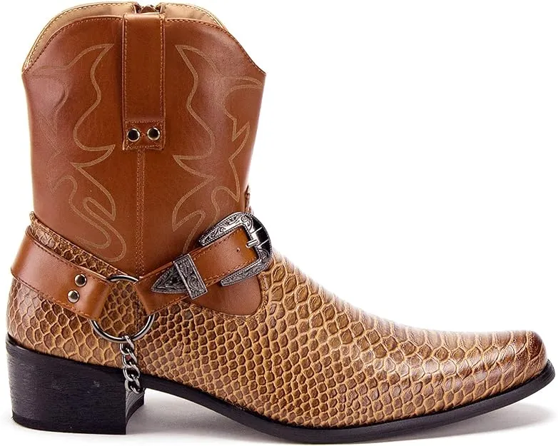 Men's Western Ankle High Cowboy Riding Dress Boots, Snake Print w/Belt