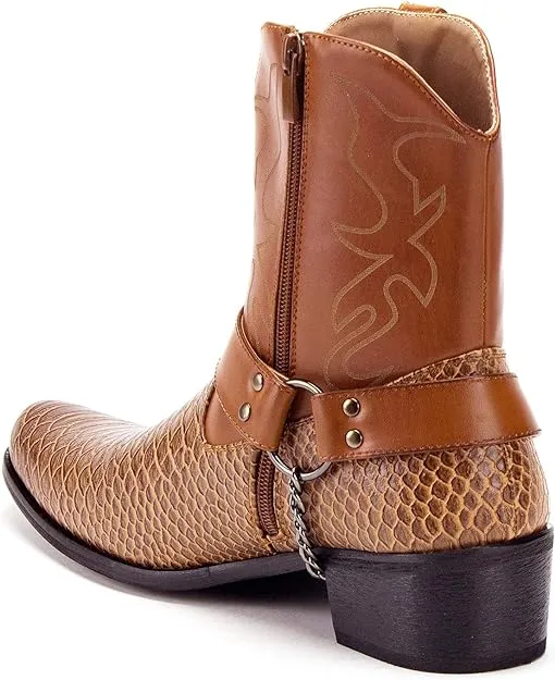 Men's Western Ankle High Cowboy Riding Dress Boots, Snake Print w/Belt