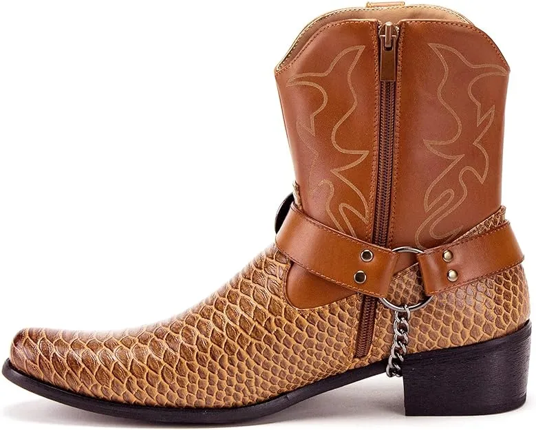Men's Western Ankle High Cowboy Riding Dress Boots, Snake Print w/Belt