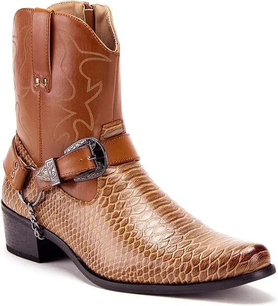 Men's Western Ankle High Cowboy Riding Dress Boots, Snake Print w/Belt