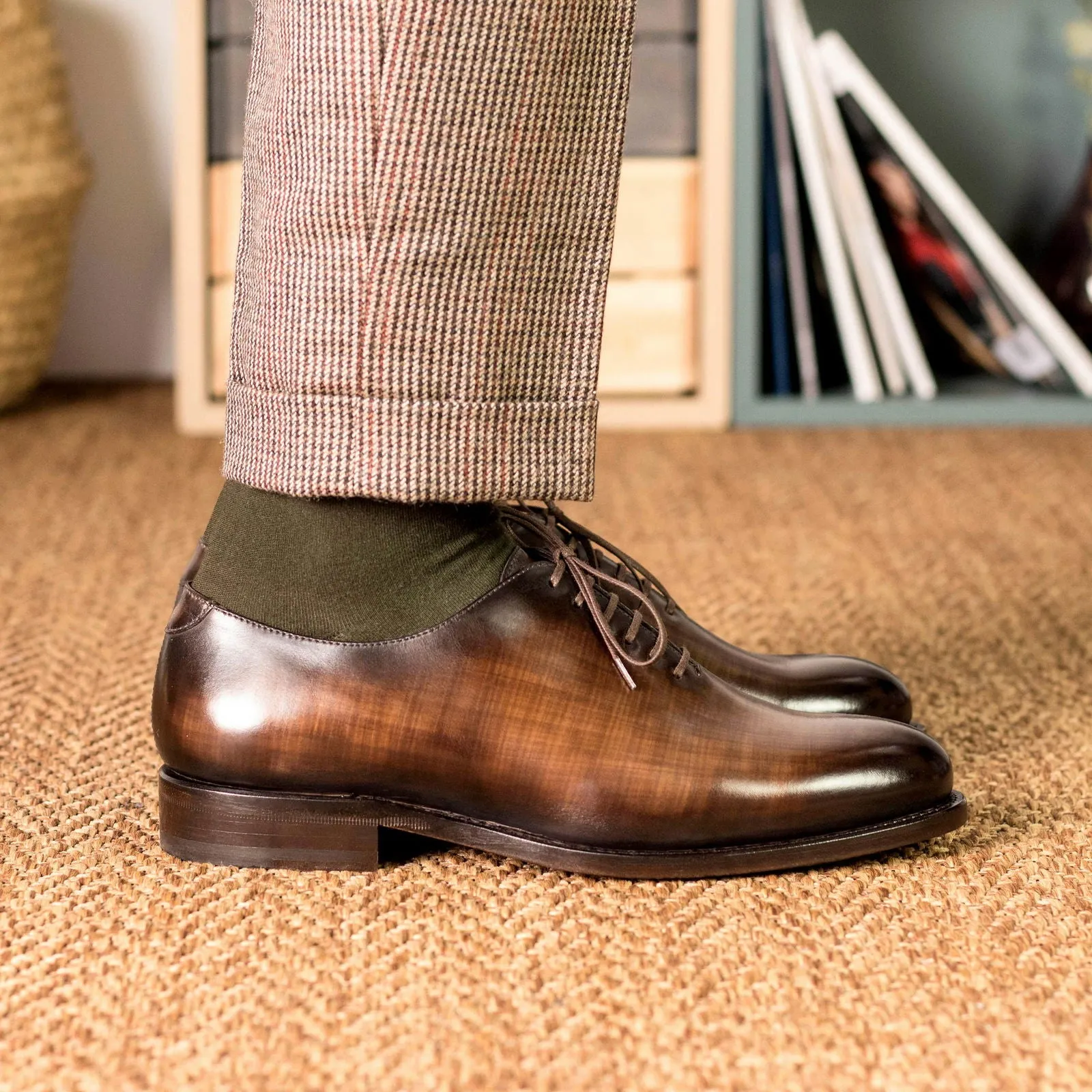 Men's Wholecut Shoes Patina Leather Goodyear Welt Wide Plus Size Dark Brown 5249