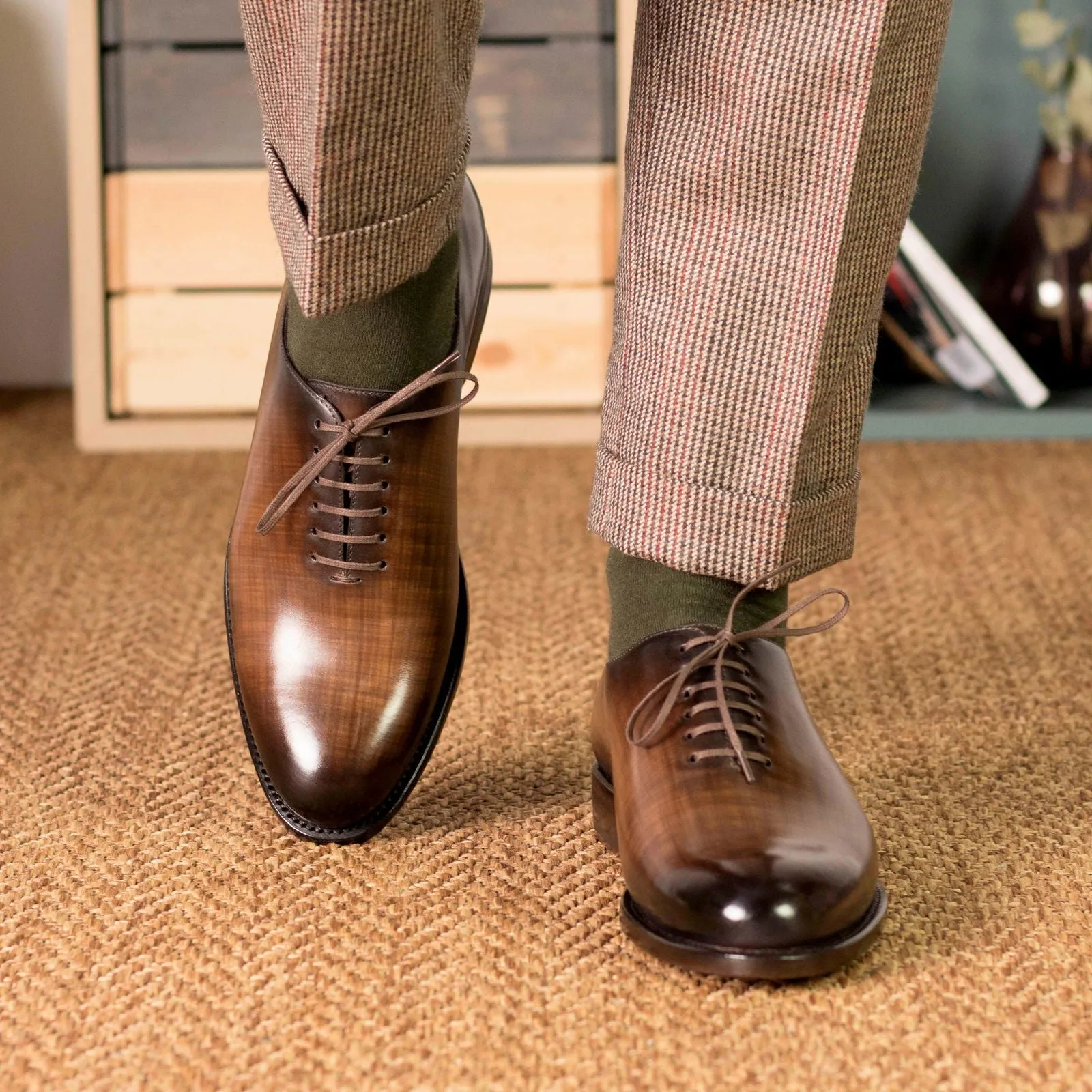 Men's Wholecut Shoes Patina Leather Goodyear Welt Wide Plus Size Dark Brown 5249